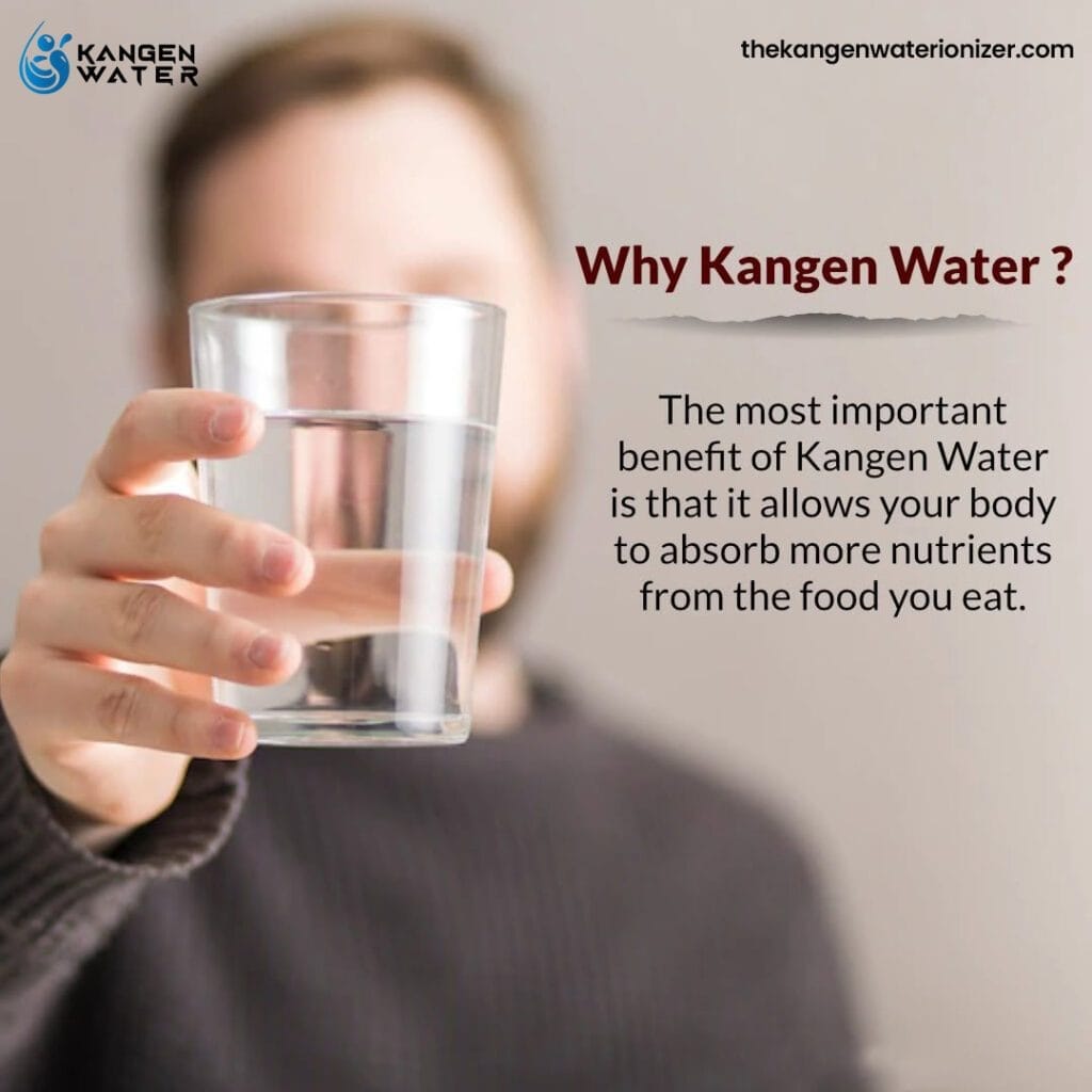 A person holds a glass of water toward the camera. Text on the image promotes Kangen Water, claiming it helps the body absorb more nutrients from food. The Kangen Water logo and website are also visible.